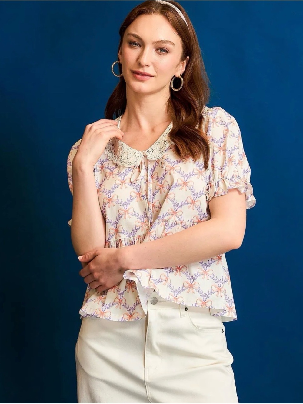 Umgee Cream Floral Lace-Collar Blouse with Lavender & Peach Accents